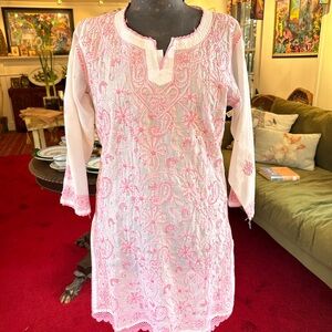 Cotton Kurta Tunic White and Pink Embroidered and Crocheted